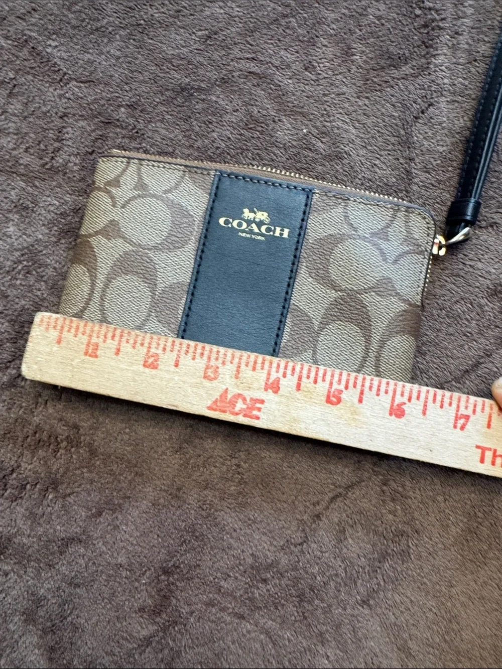 Coach Brown Signature Canvas Wristlet with Black Center Stripe